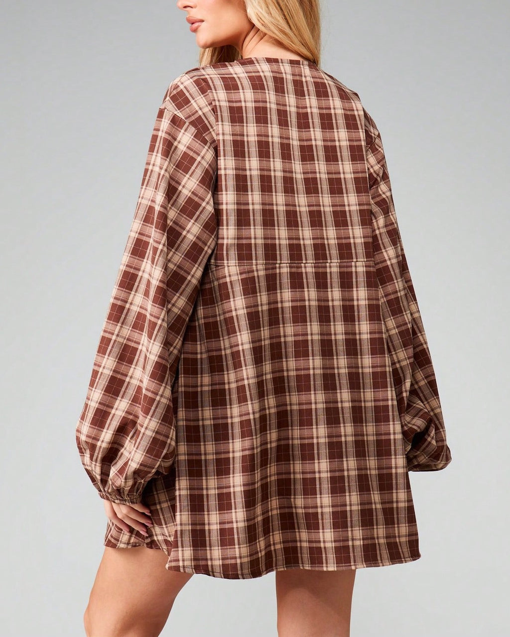 Plaid Babydoll Mini Dress With Puff Sleeves - Decor - 2