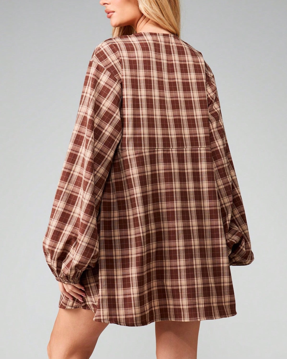 Plaid Babydoll Mini Dress With Puff Sleeves - Decor - 2