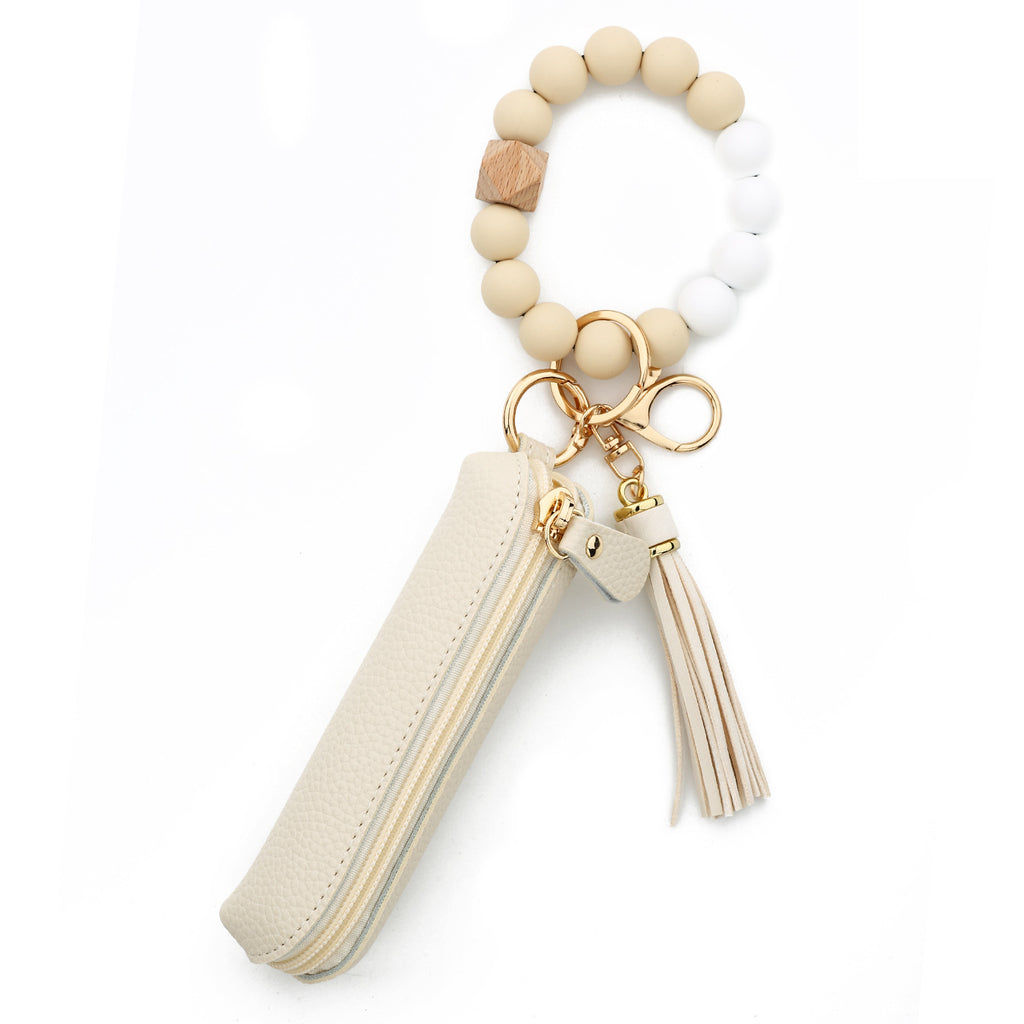 Bead Wristlet Keychain With Zip Pouch - Beige
