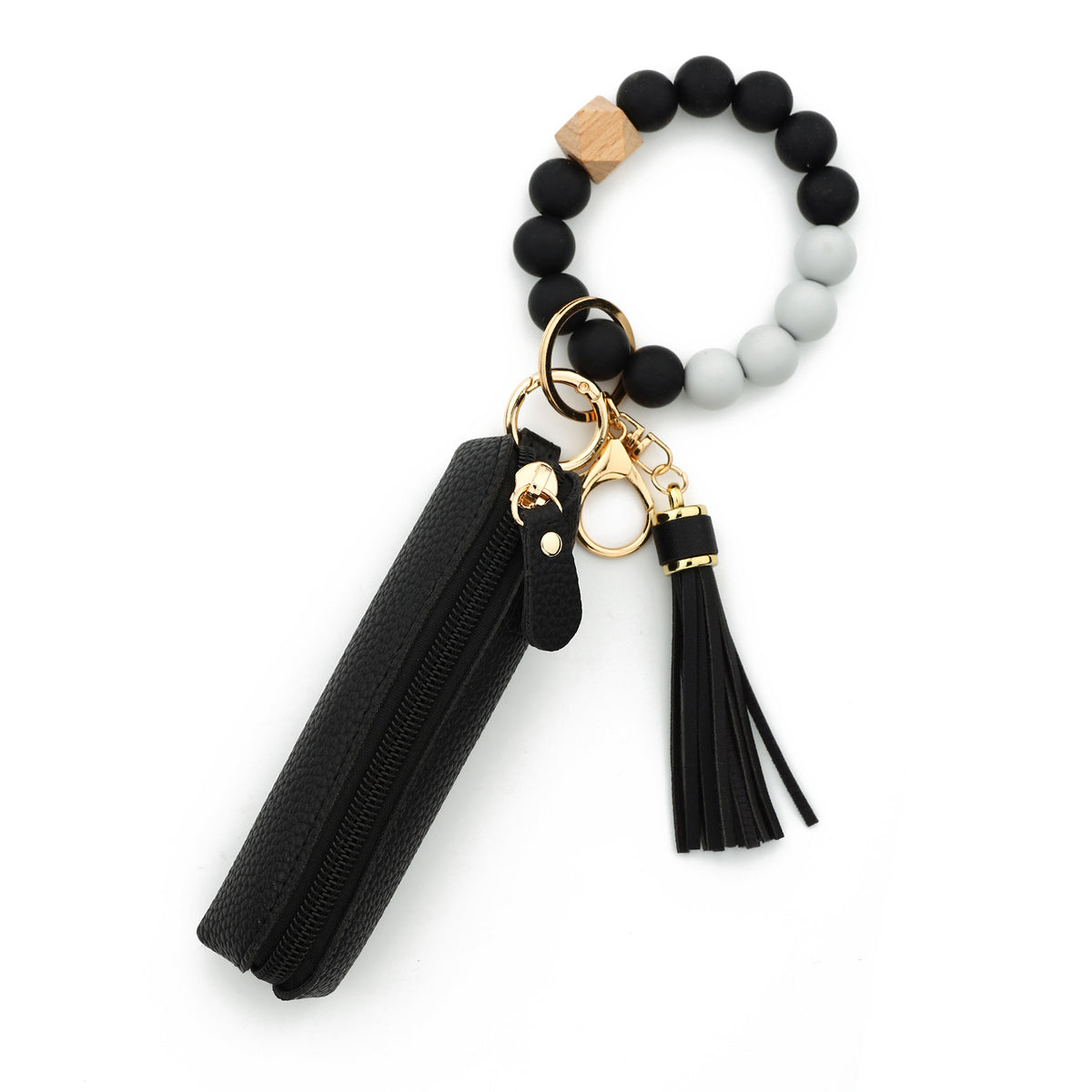 Bead Wristlet Keychain With Zip Pouch - Black