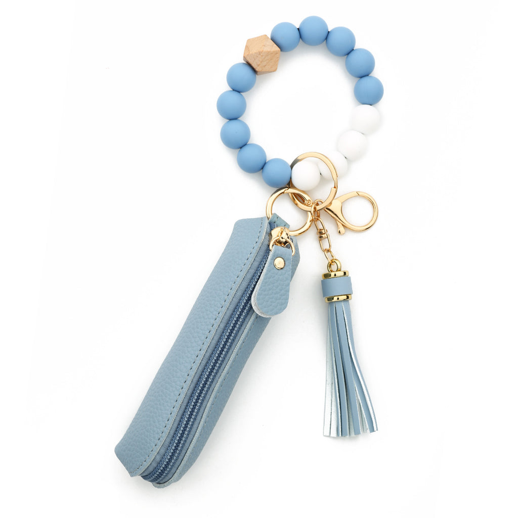 Bead Wristlet Keychain With Zip Pouch - Blue