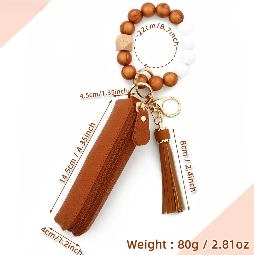 Bead Wristlet Keychain With Zip Pouch - Brown