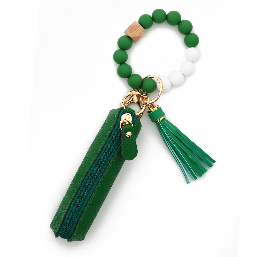 Bead Wristlet Keychain With Zip Pouch - Green