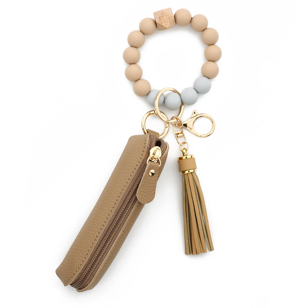 Bead Wristlet Keychain With Zip Pouch - Khaki