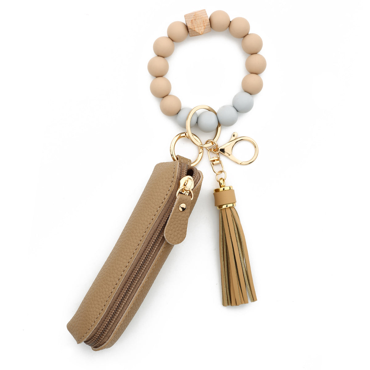 Bead Wristlet Keychain With Zip Pouch - Khaki
