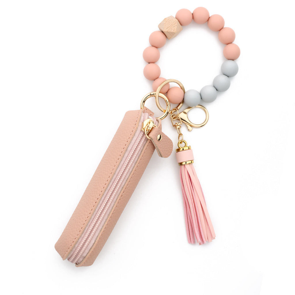 Bead Wristlet Keychain With Zip Pouch - Pink