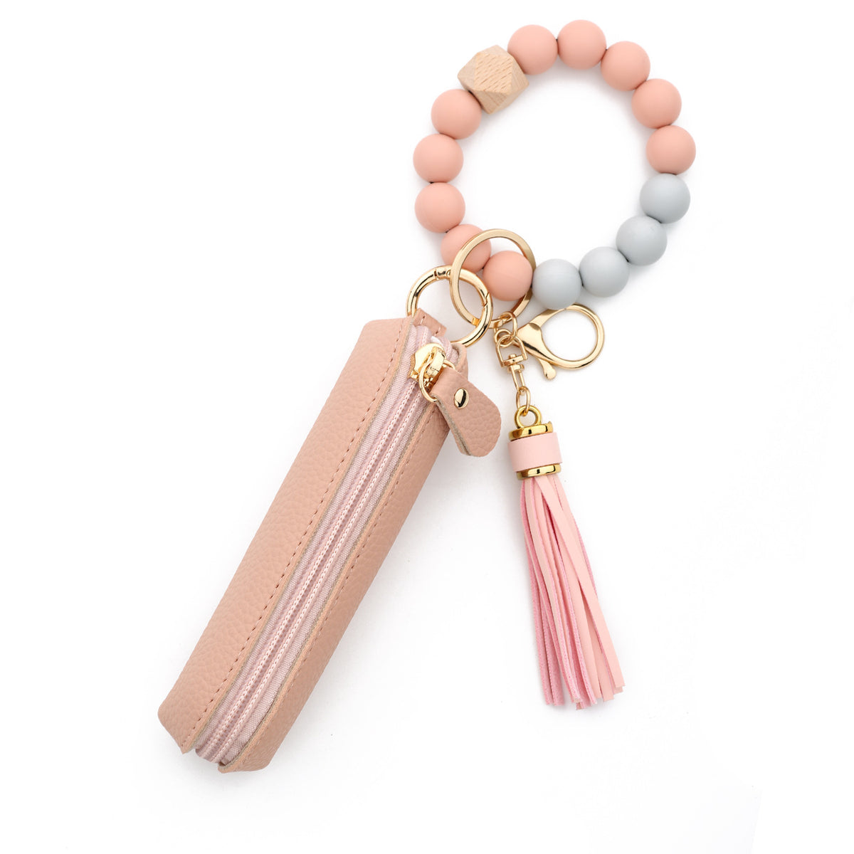 Bead Wristlet Keychain With Zip Pouch - Pink