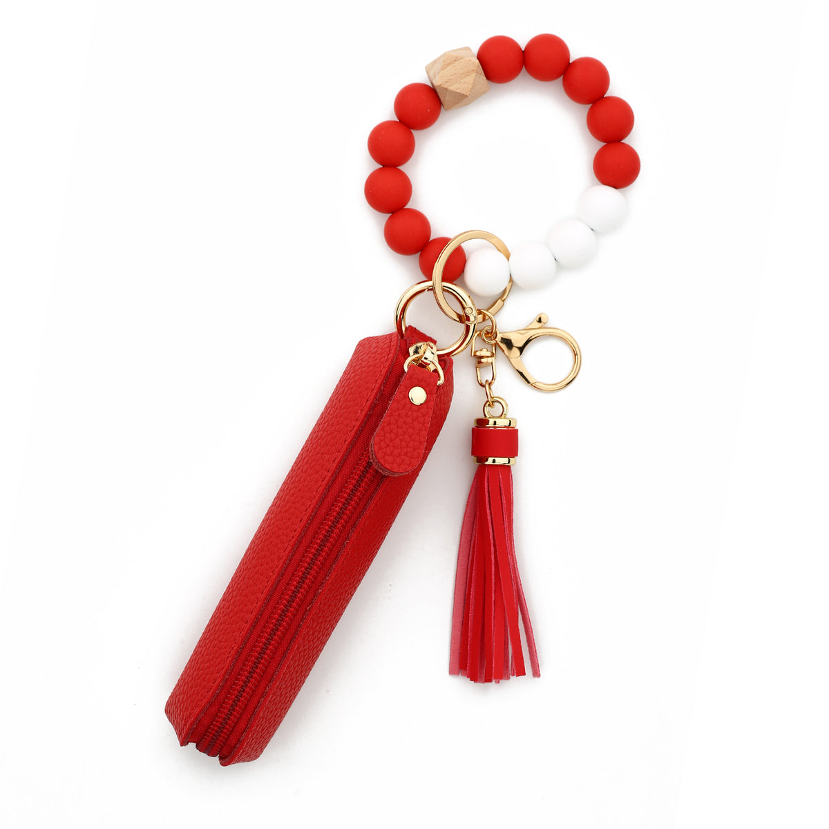 Bead Wristlet Keychain With Zip Pouch - Red