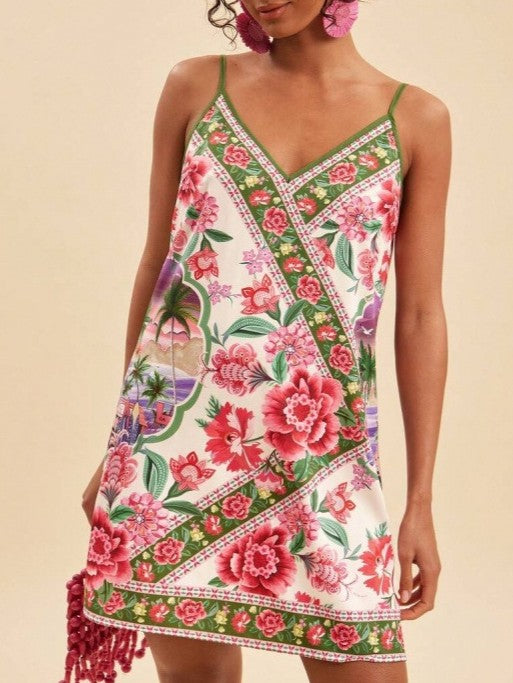 Scarf Print Mini Cami Dress With Thin Straps - Floral