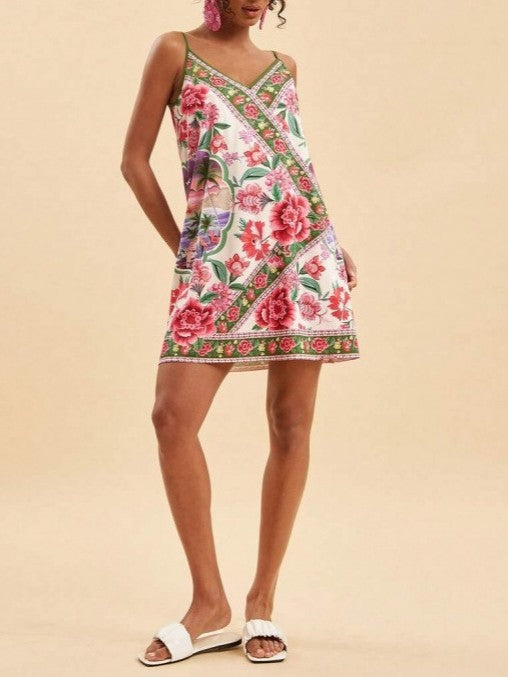 Scarf Print Mini Cami Dress With Thin Straps - Floral - 1