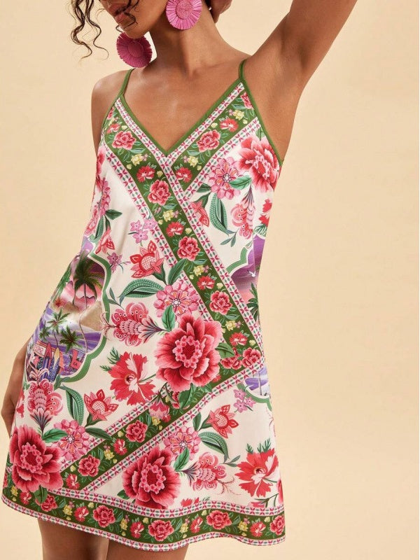 Scarf Print Mini Cami Dress With Thin Straps - Floral - 3