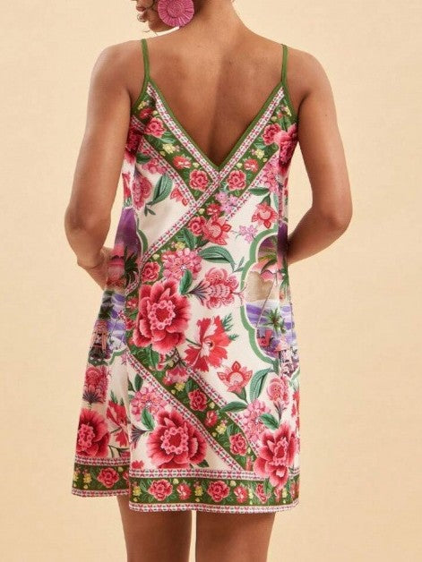 Scarf Print Mini Cami Dress With Thin Straps - Floral - 4