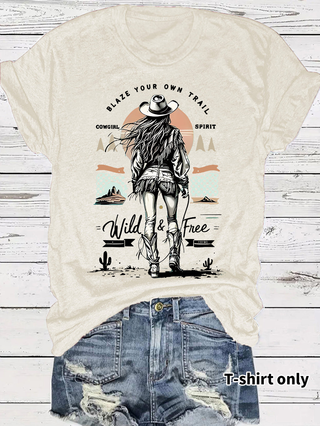 Desert Trail Cowgirl Sunset Graphic Tee - Apricot