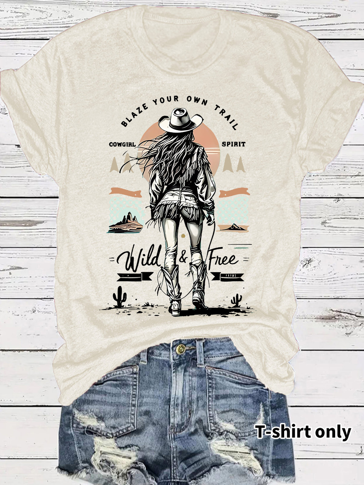 Desert Trail Cowgirl Sunset Graphic Tee - Apricot