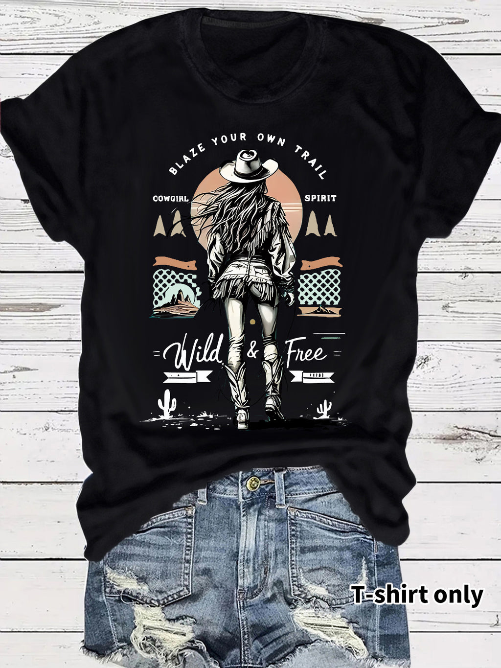 Desert Trail Cowgirl Sunset Graphic Tee - Black