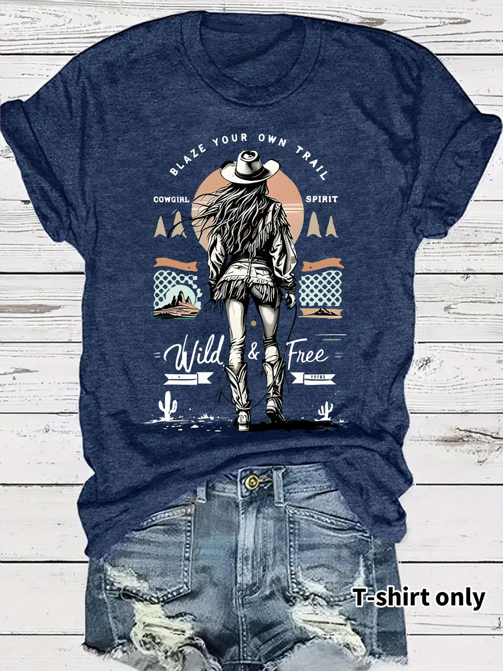 Desert Trail Cowgirl Sunset Graphic Tee - DarkBlue