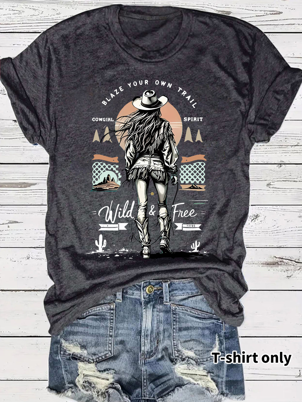 Desert Trail Cowgirl Sunset Graphic Tee - DarkGrey