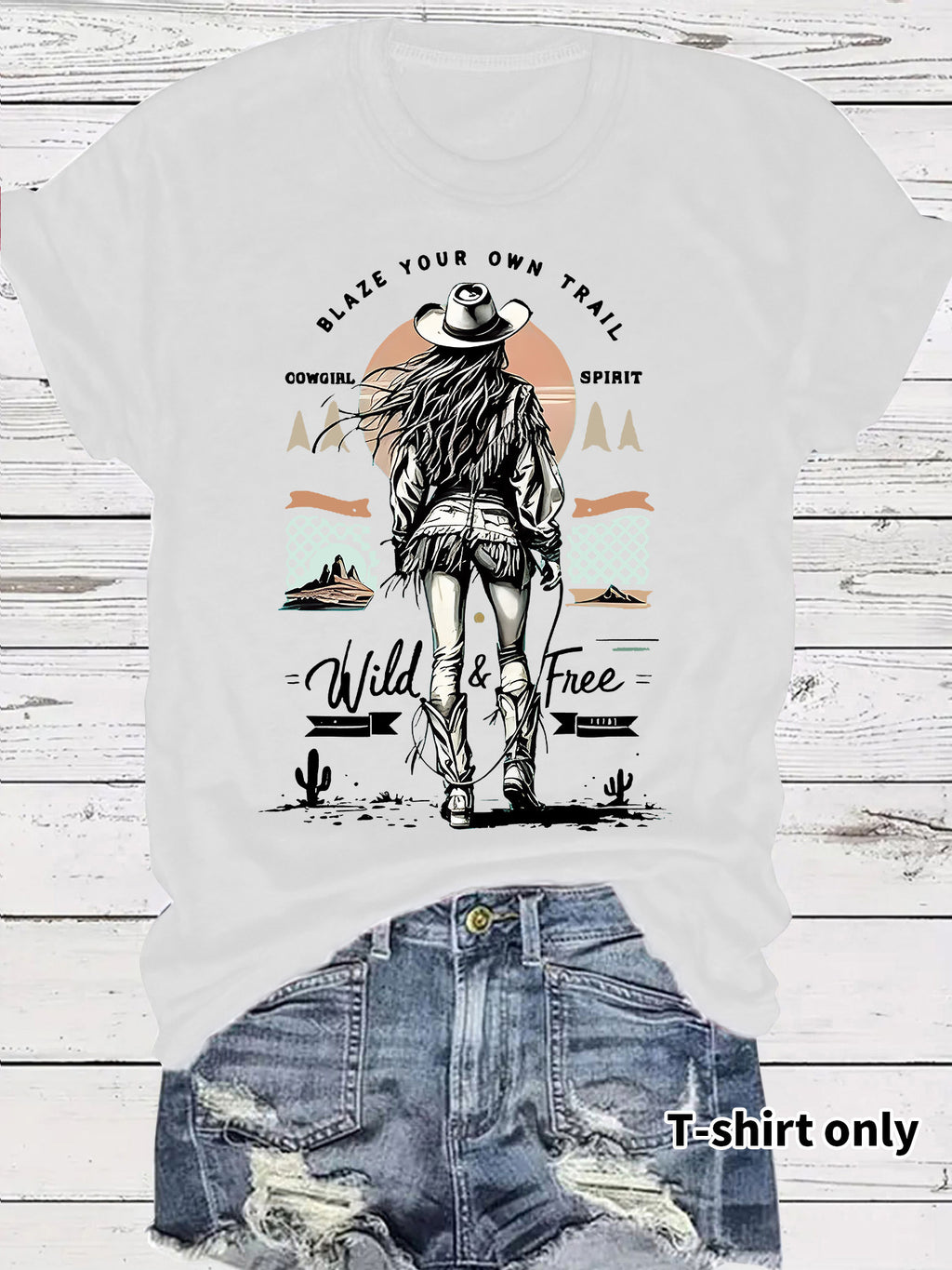 Desert Trail Cowgirl Sunset Graphic Tee - White