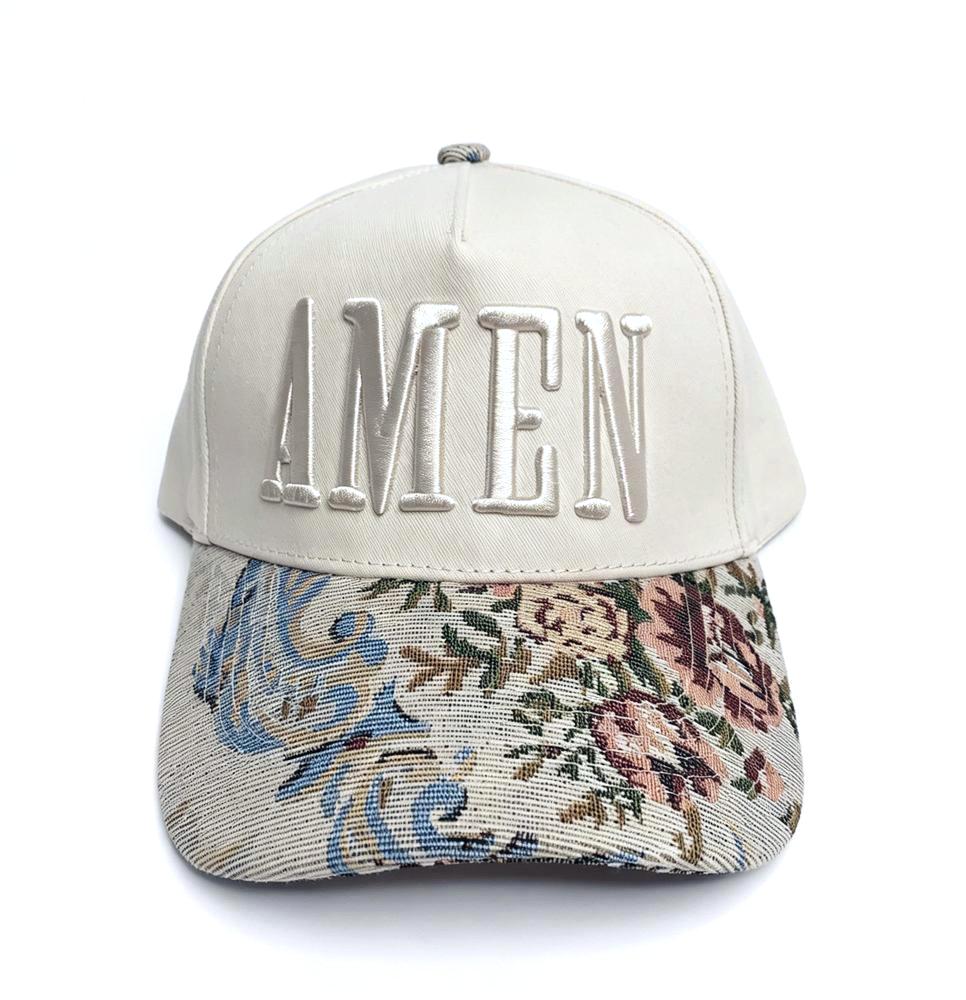 Embroidered Word Baseball Cap With Floral Tapestry Brim - Amen - 1