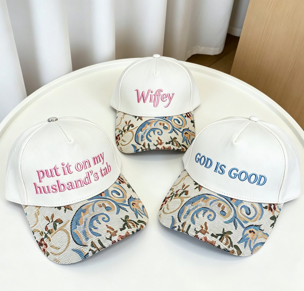 Embroidered Word Baseball Cap With Floral Tapestry Brim - Amen - 2