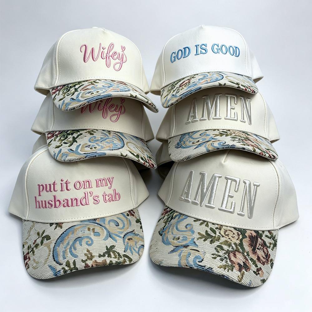 Embroidered Word Baseball Cap With Floral Tapestry Brim - Amen - 3