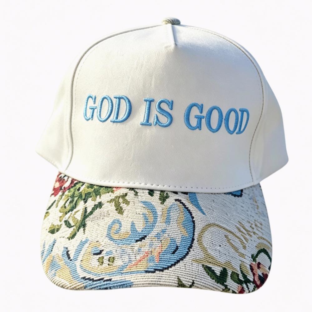 Embroidered Word Baseball Cap With Floral Tapestry Brim - God