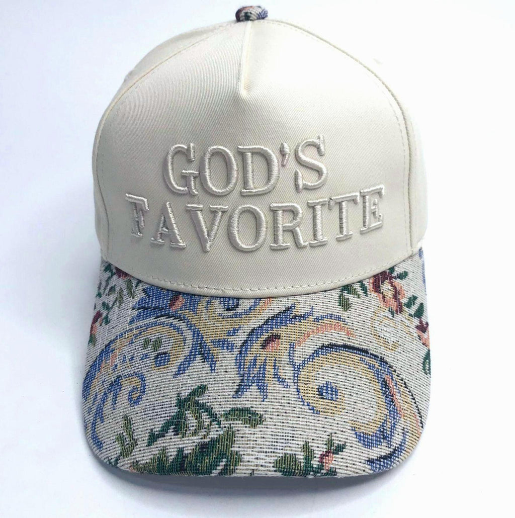 Embroidered Word Baseball Cap With Floral Tapestry Brim - God's