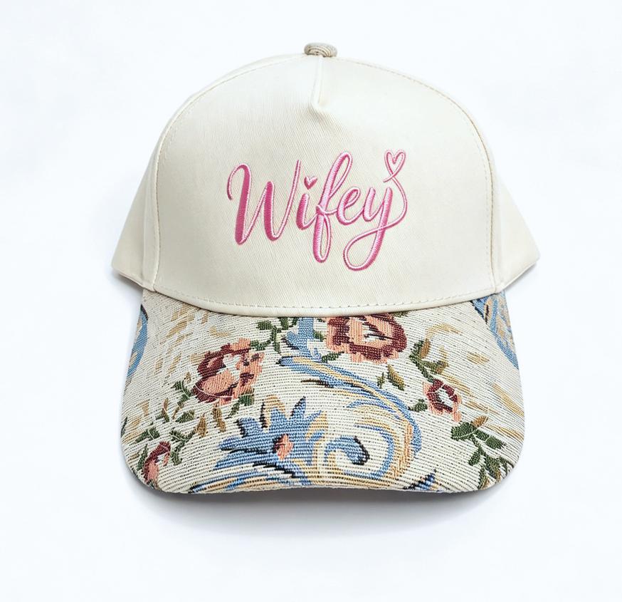 Embroidered Word Baseball Cap With Floral Tapestry Brim - Wifey