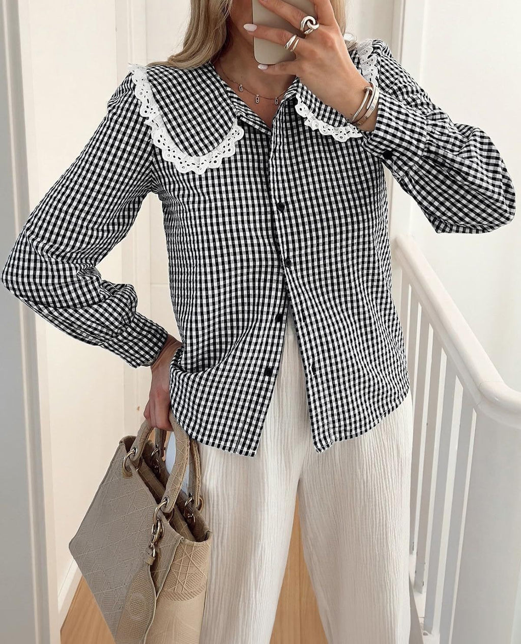 Gingham Check Blouse With Scalloped Collar - Black