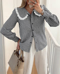 Gingham Check Blouse With Scalloped Collar - Black