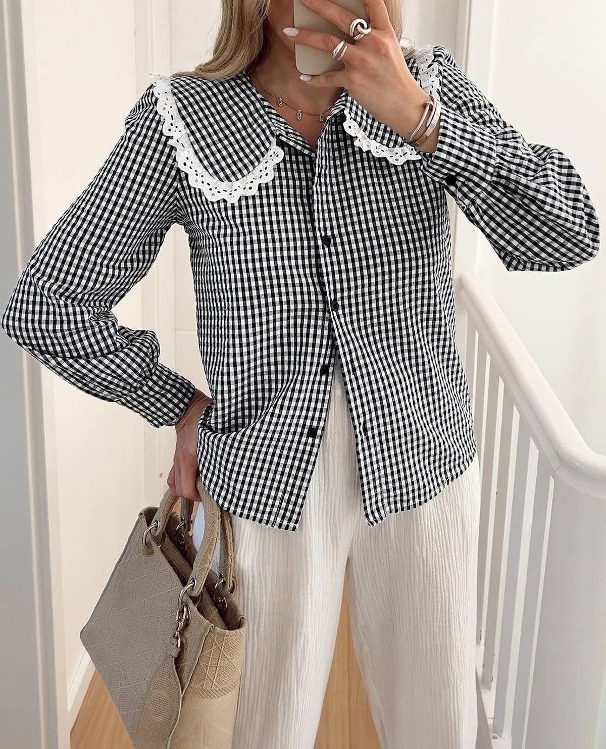 Gingham Check Blouse With Scalloped Collar - Black