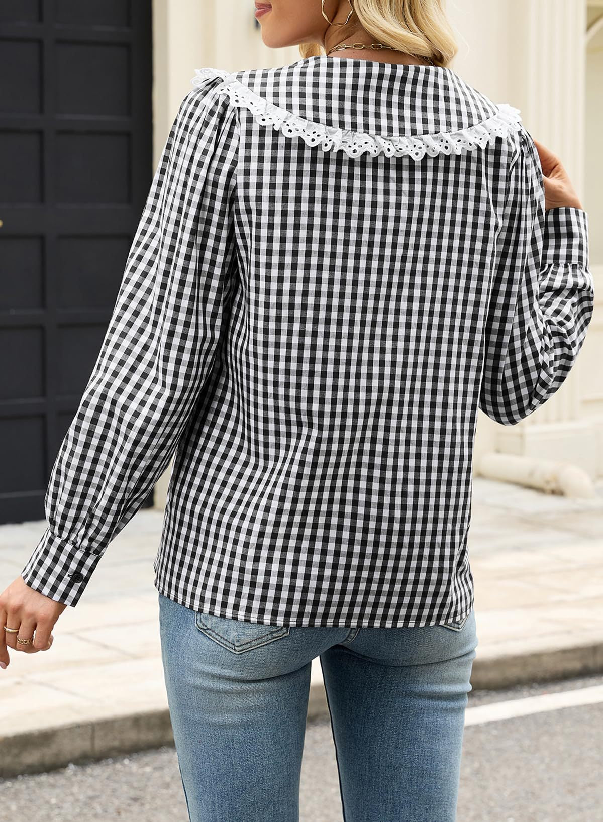 Gingham Check Blouse With Scalloped Collar - Black - 1