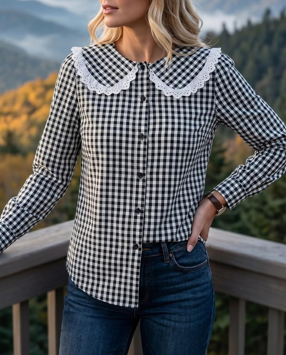 Gingham Check Blouse With Scalloped Collar - Black - 2