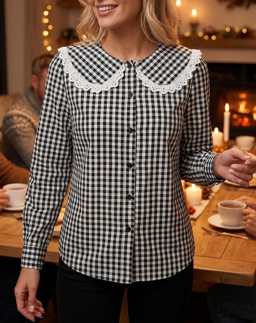 Gingham Check Blouse With Scalloped Collar - Black - 3