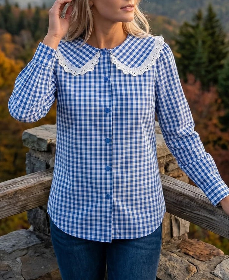 Gingham Check Blouse With Scalloped Collar - Blue