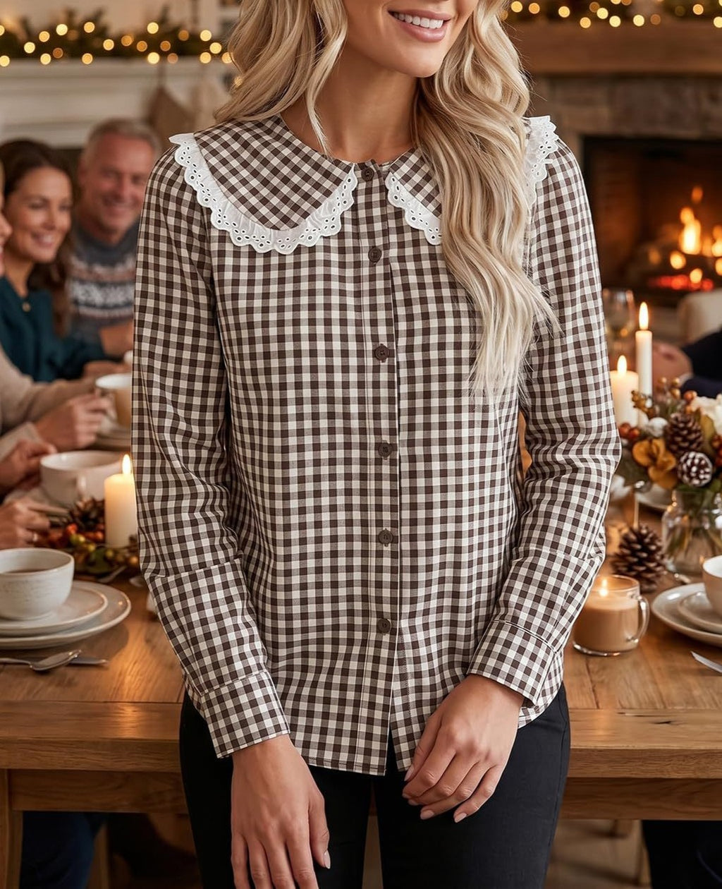 Gingham Check Blouse With Scalloped Collar - Coffee