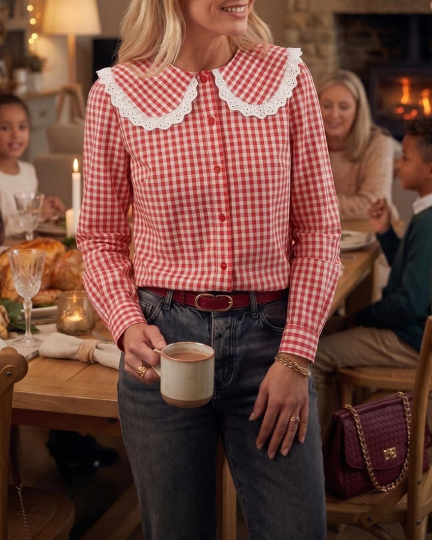 Gingham Check Blouse With Scalloped Collar - Red