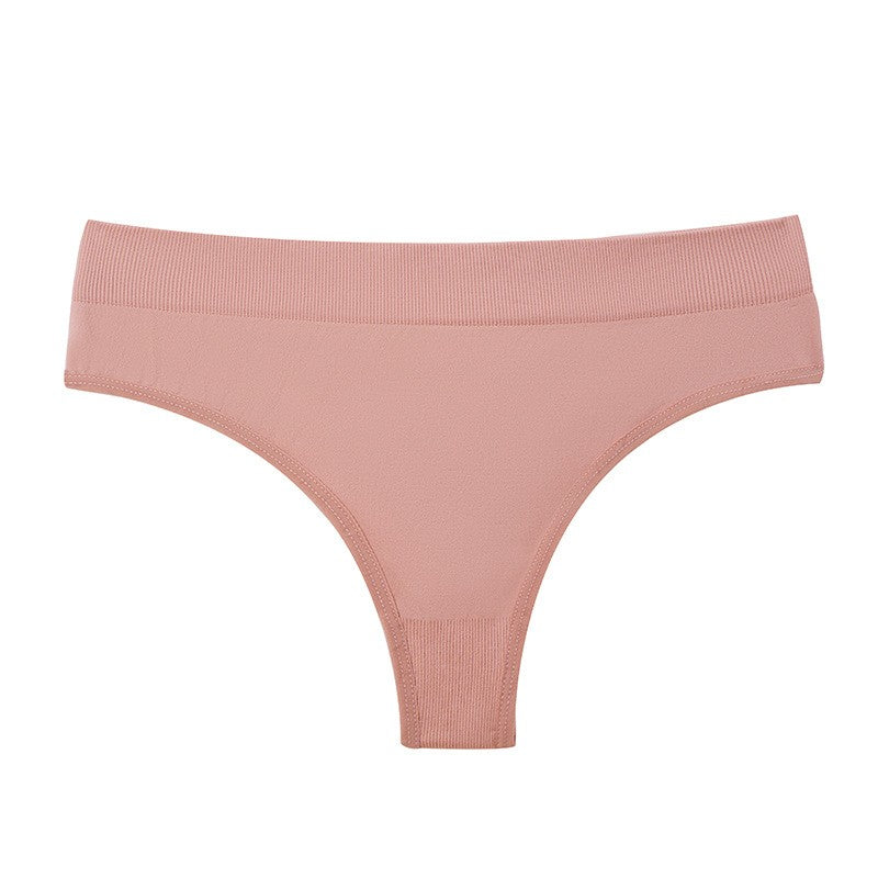 Ribbed Waistband Seamless High Waist Thong - Dusty Pink