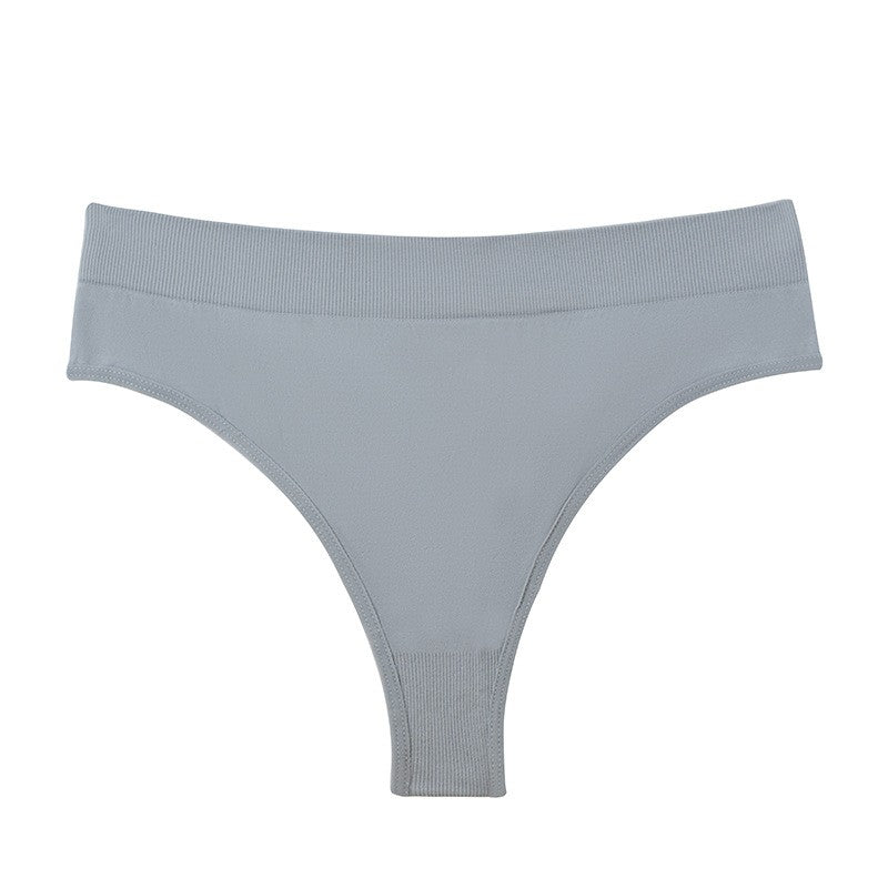 Ribbed Waistband Seamless High Waist Thong - Gray Blue
