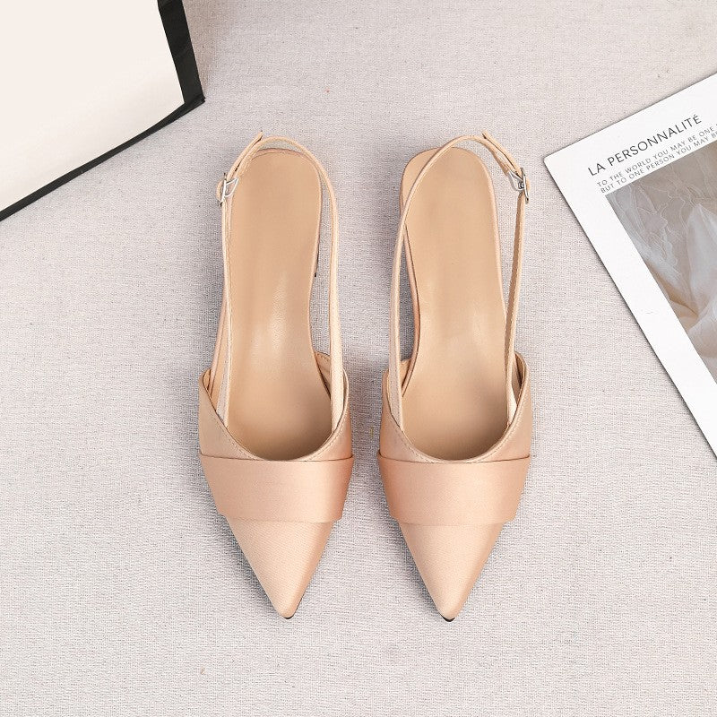 Pointed Satin Slingback Low Block Heels - Apricot