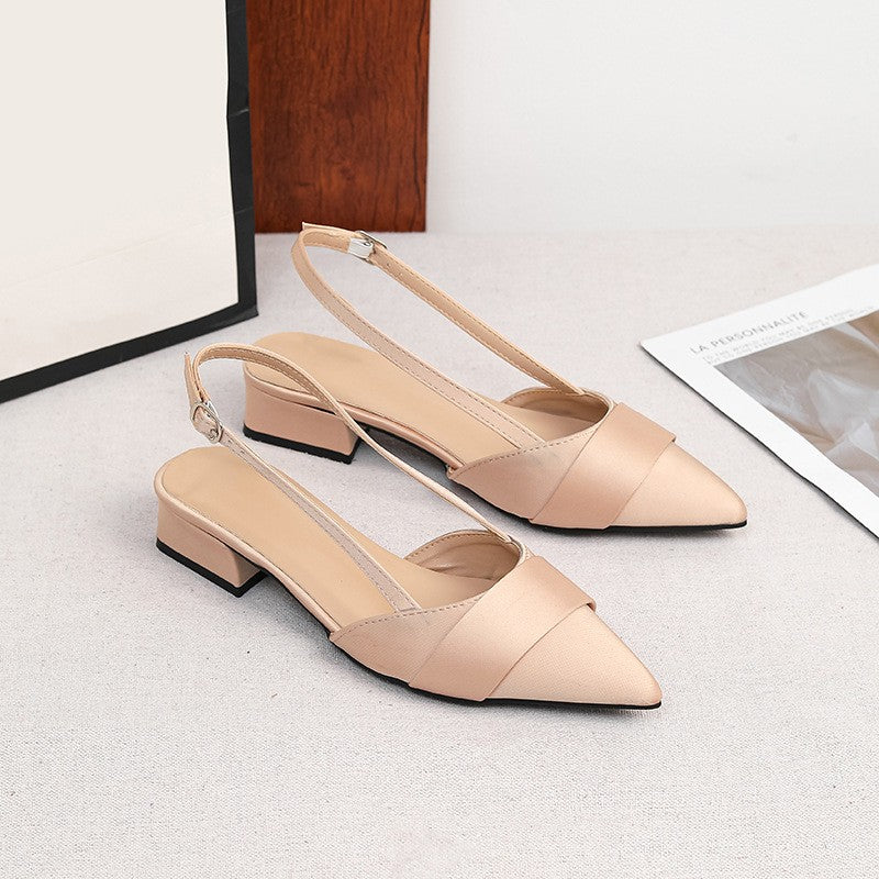 Pointed Satin Slingback Low Block Heels
