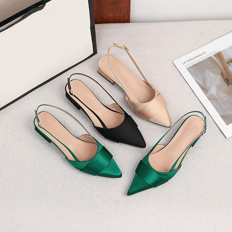 Pointed Satin Slingback Low Block Heels