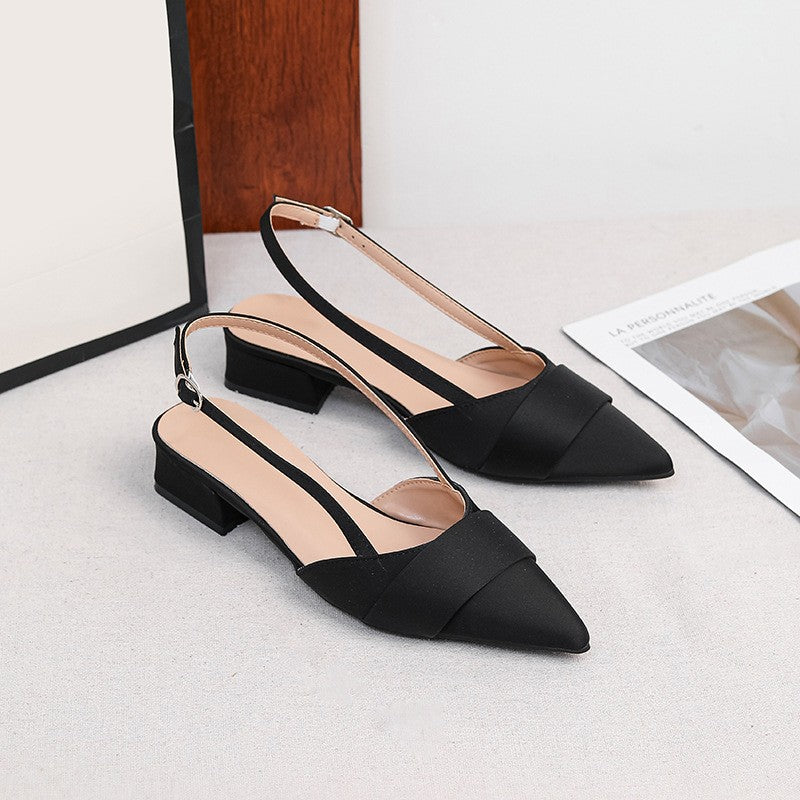 Pointed Satin Slingback Low Block Heels