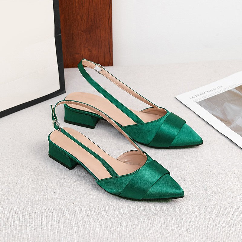 Pointed Satin Slingback Low Block Heels