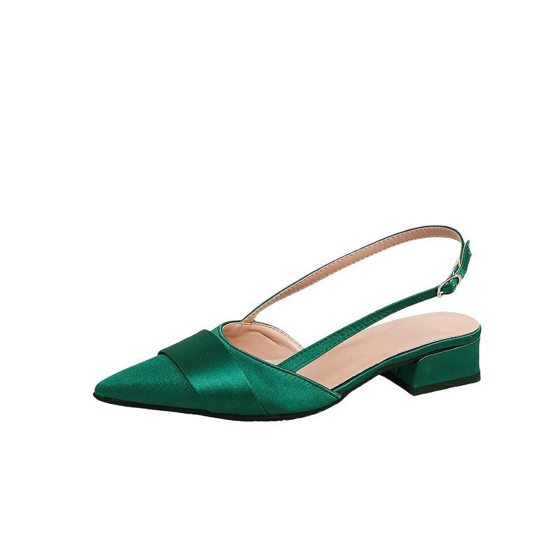 Pointed Satin Slingback Low Block Heels