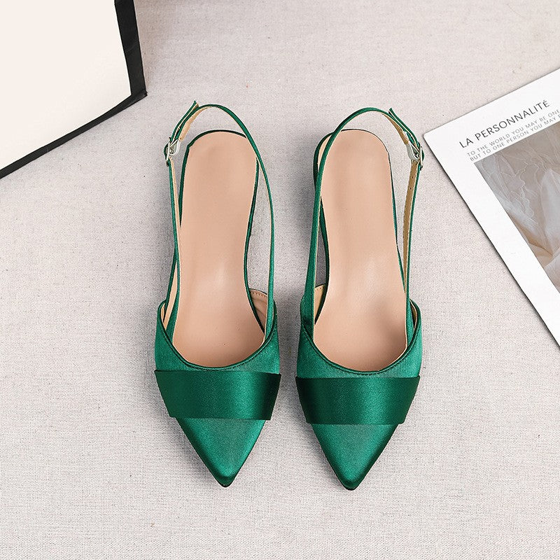 Pointed Satin Slingback Low Block Heels
