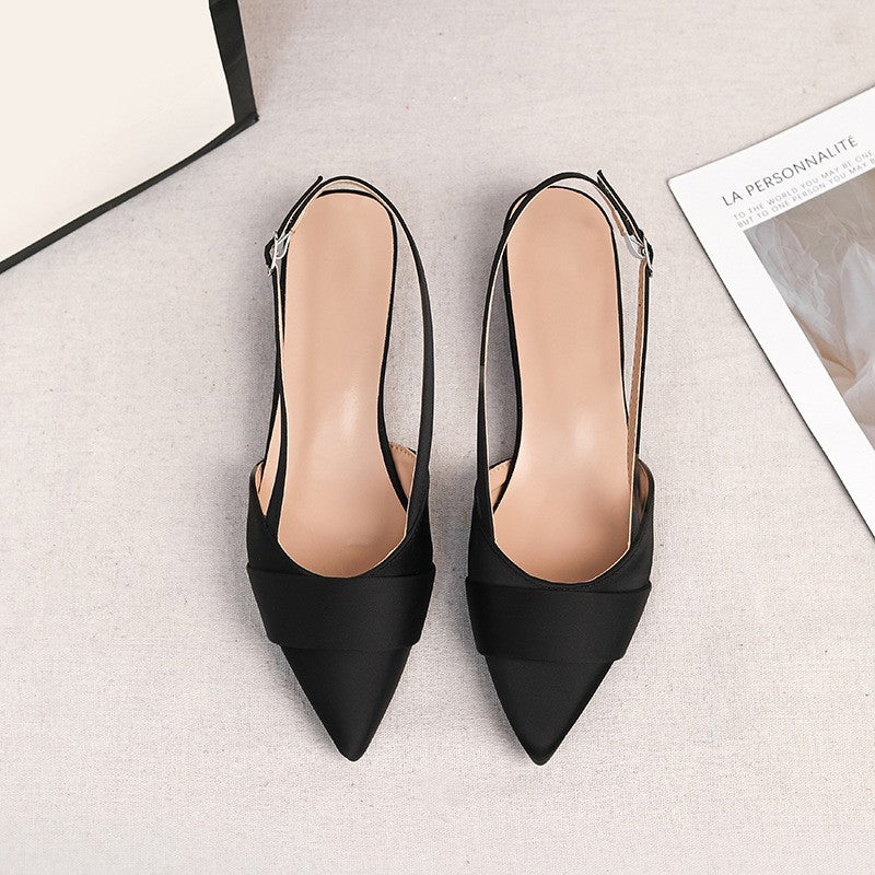 Pointed Satin Slingback Low Block Heels