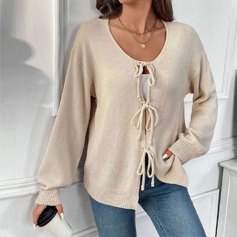 Tie Front Open Knit Cardigan - Apricot - 1