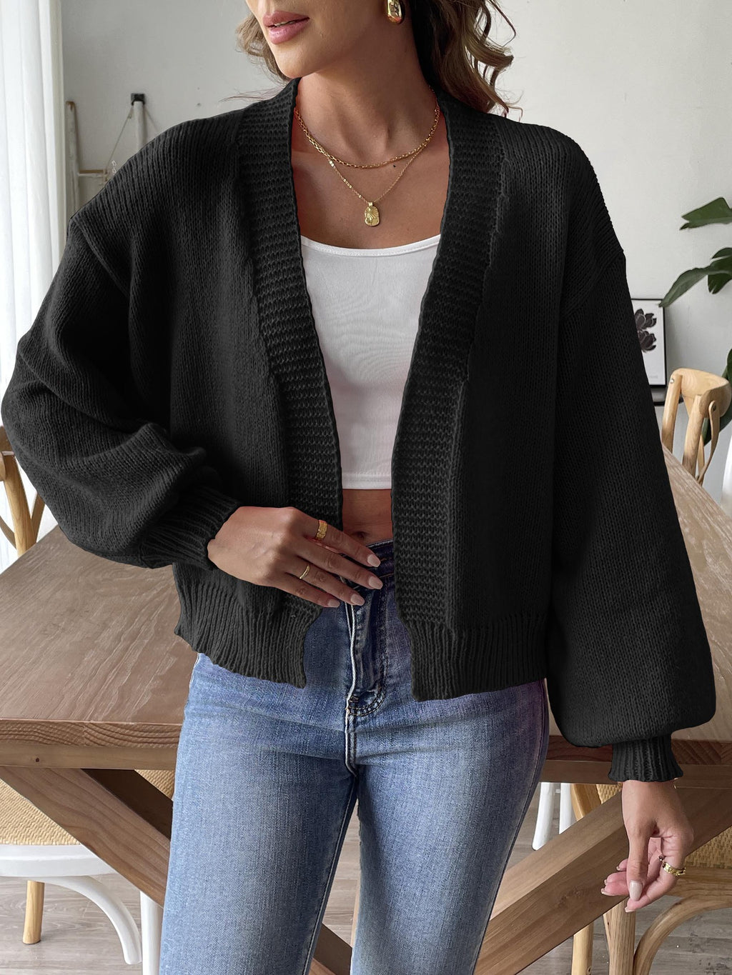Balloon Sleeve Open Front Cropped Cardigan - Black - 1