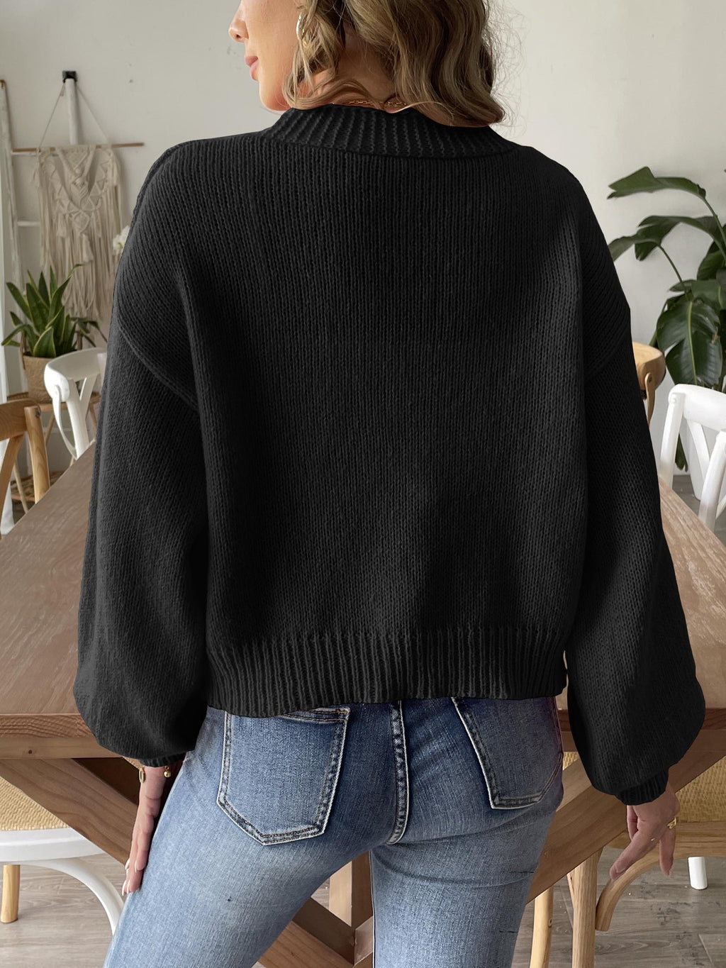 Balloon Sleeve Open Front Cropped Cardigan - Black - 2